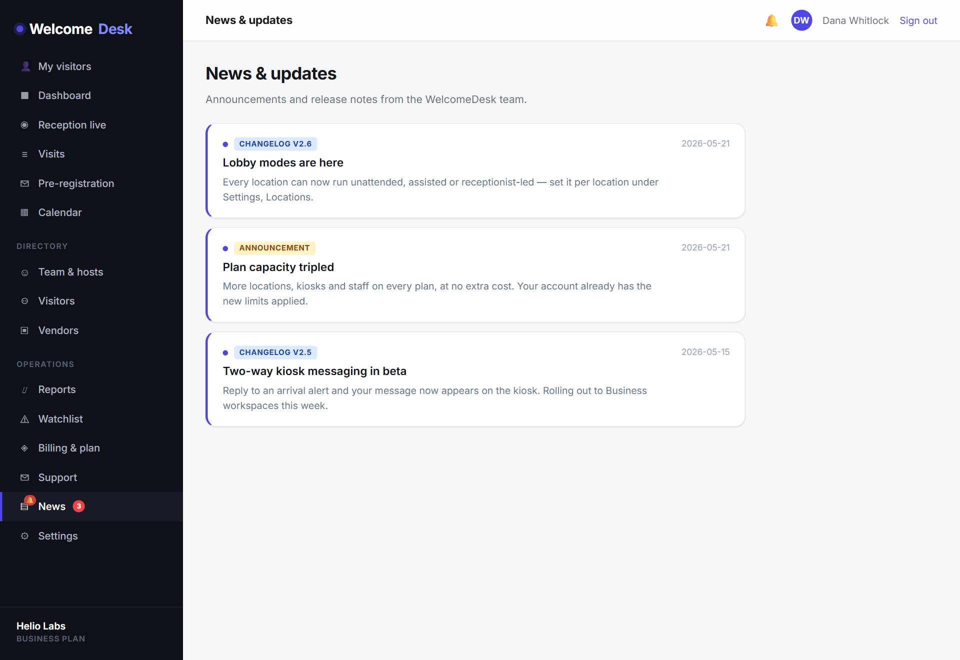 WelcomeDesk in-app announcements feed