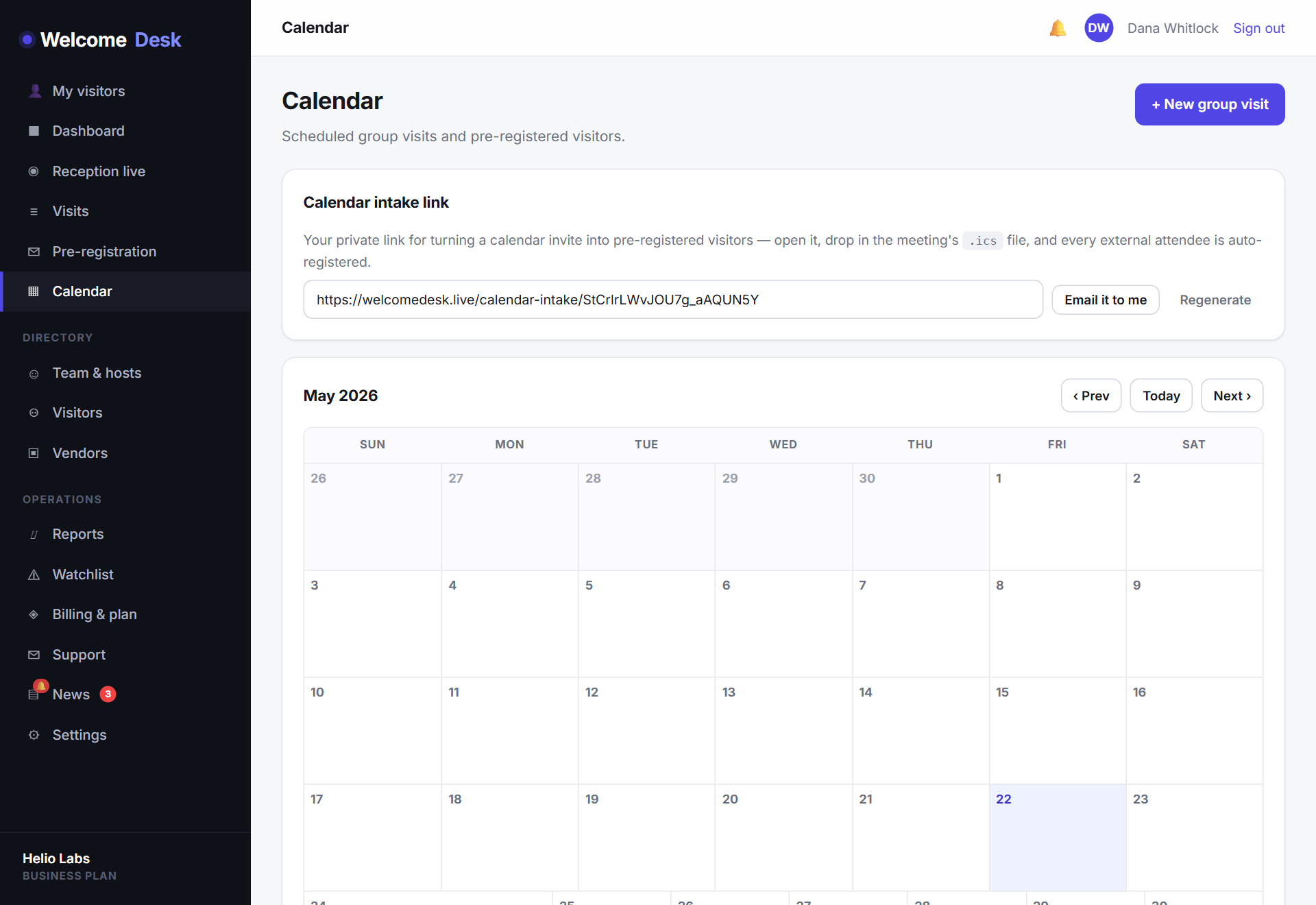 WelcomeDesk month calendar view showing scheduled and pre-registered visitors