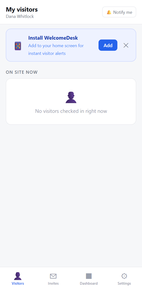 The WelcomeDesk host app on a phone showing today's visitors