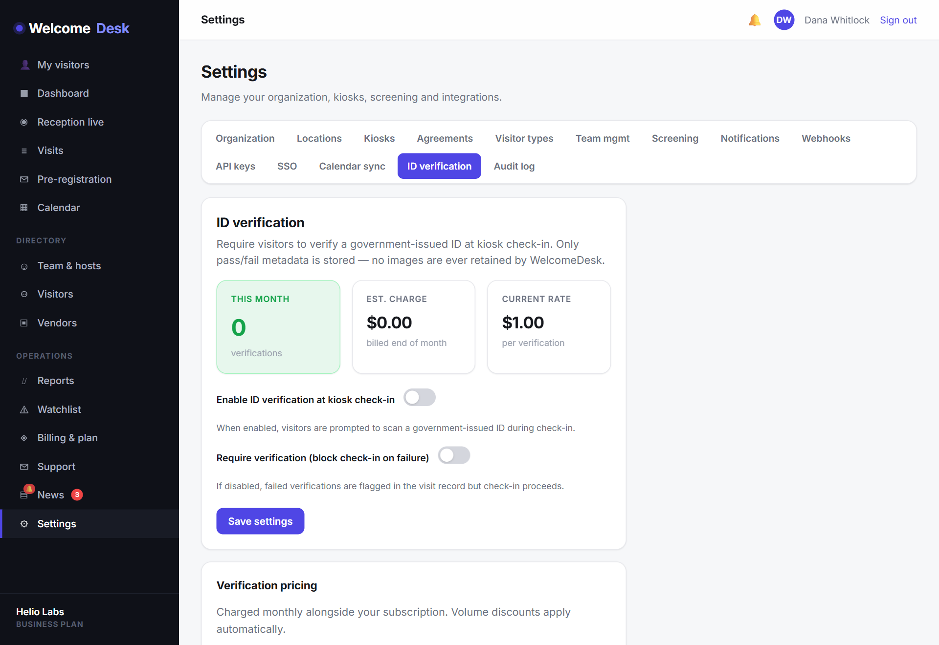 WelcomeDesk ID verification settings powered by Veriff