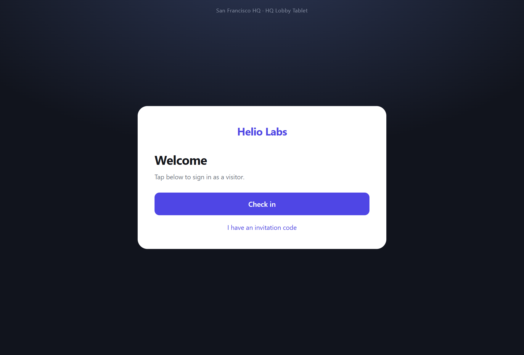 The WelcomeDesk self-service kiosk check-in screen