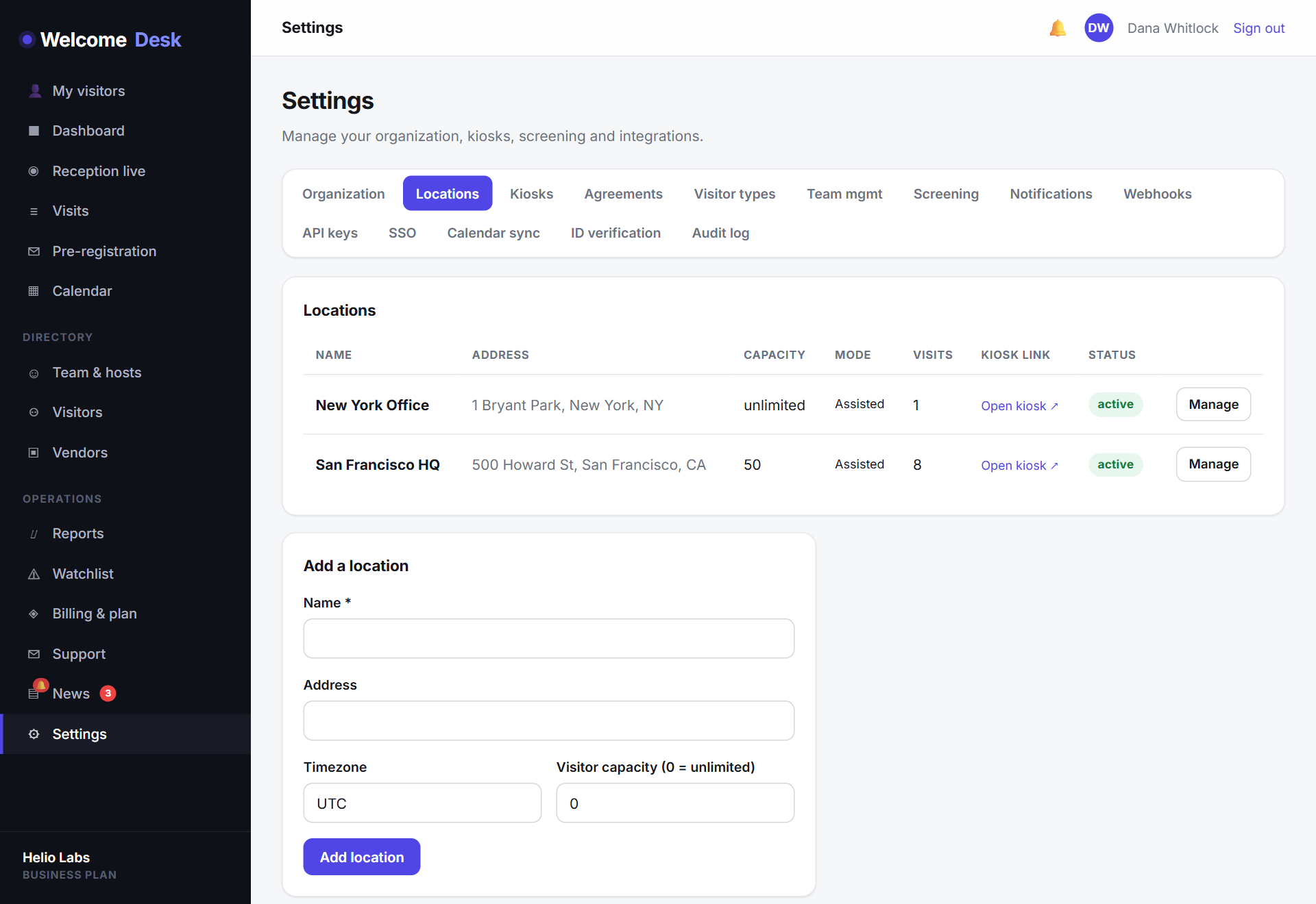 WelcomeDesk location settings with per-location lobby mode