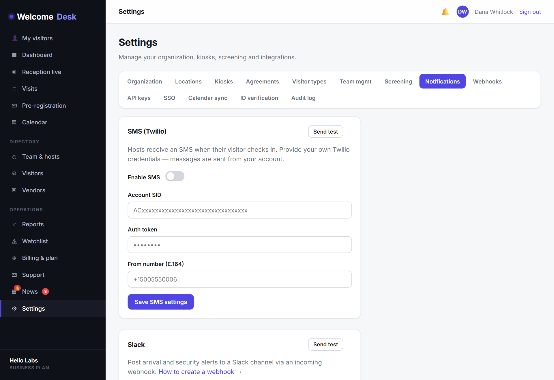 WelcomeDesk notification settings for SMS, Slack and Teams