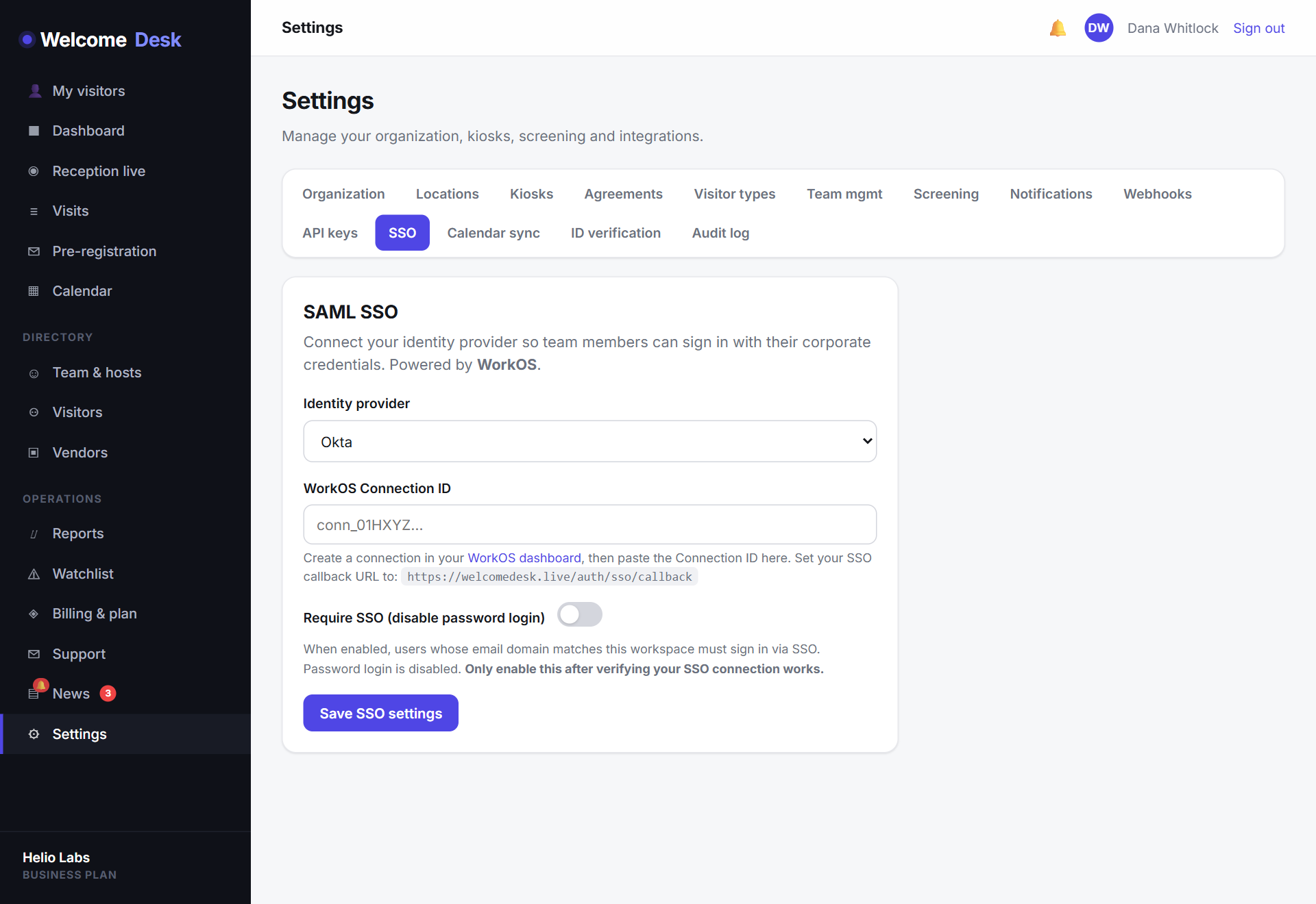 WelcomeDesk SAML single sign-on settings