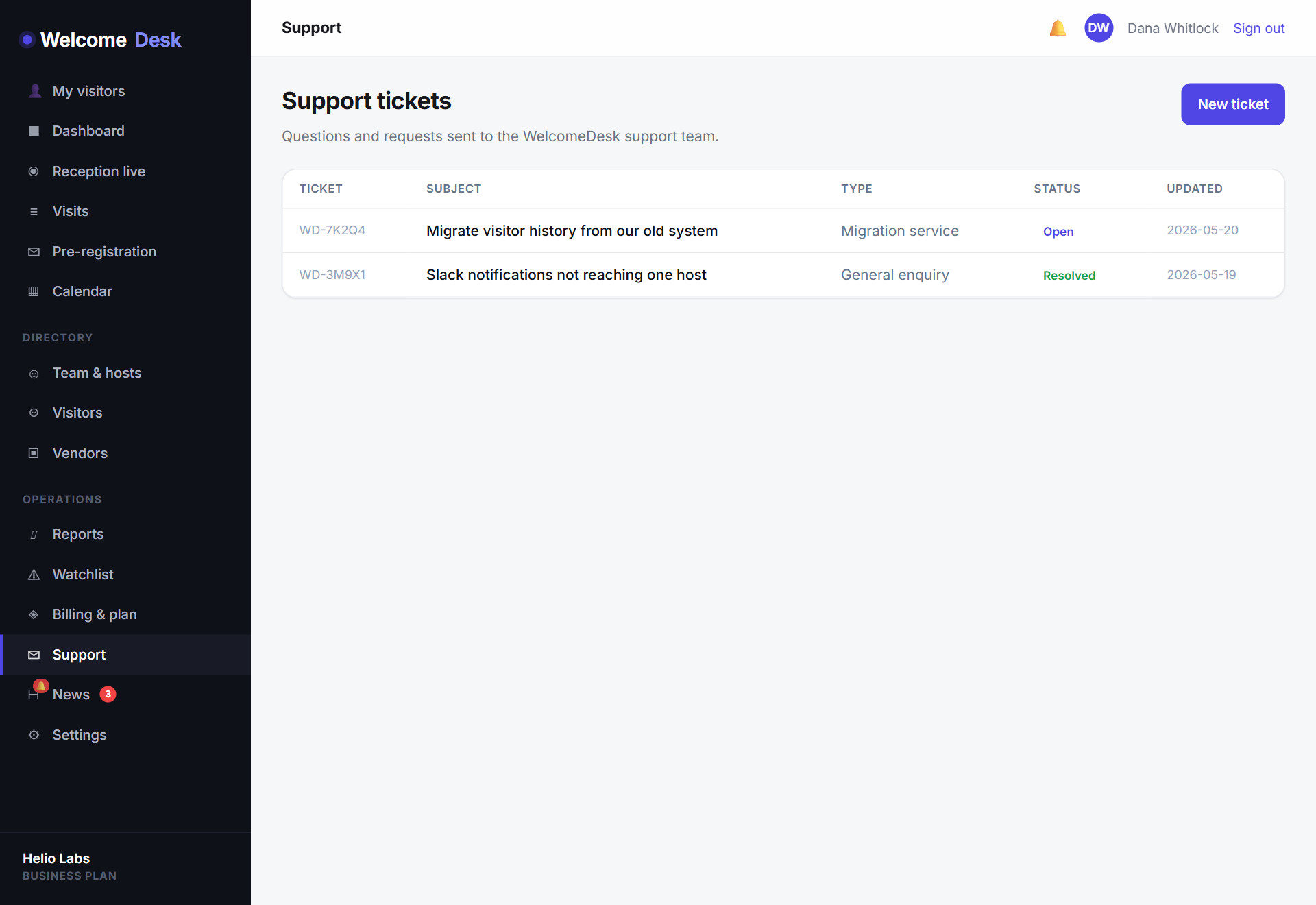 WelcomeDesk in-app support tickets screen