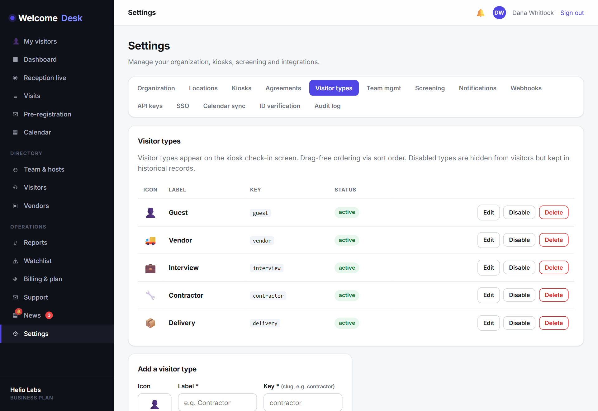 WelcomeDesk settings screen for customising visitor types